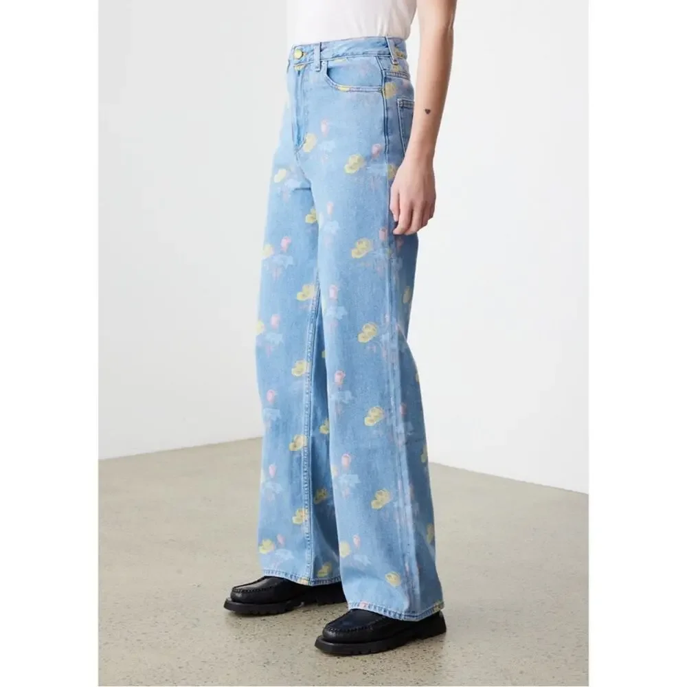 GANNI Magny Indigo Print Organic Cotton Jeans Bleach Blue - Picture 2 of 9